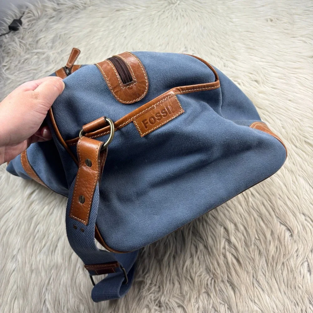 Vintage Fossil Blue Canvas Brown Leather Duffle Bag Travel Classic Preppy Retro